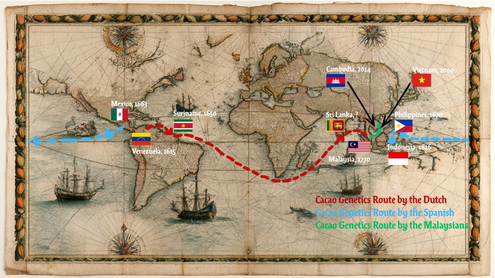 Historical map showing three cacao genetics routes into Southeast Asia: the Spanish route via the Philippines in 1663, the Dutch route via Venezuela, Suriname and Ceylon to Malacca around 1770, and the Malaysian route via Vietnam to Cambodia in 2014